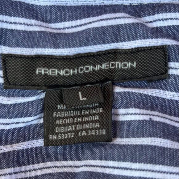 French Connection Blue Striped Button-Front Shirt Large Cotton High-Low Hem - Picture 7 of 8